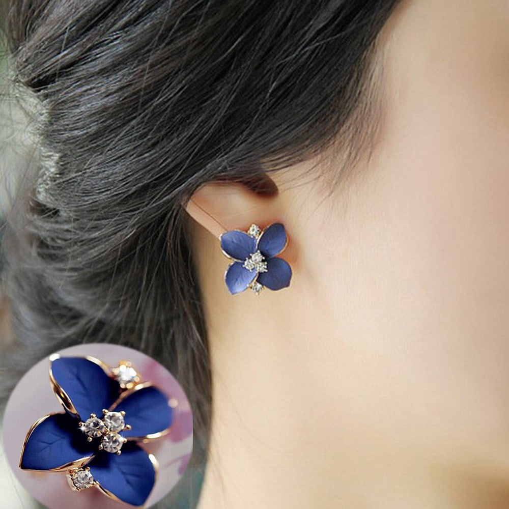 elegant noble blue flower ladies gold plated rhinestone earrings