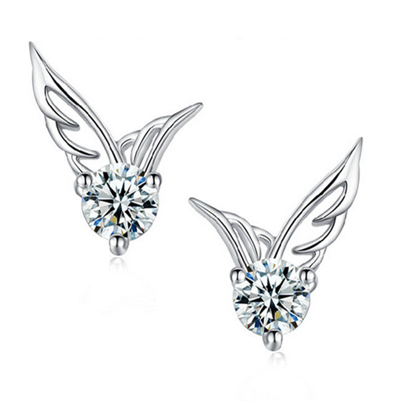 Fashion Silver Jewelry Angel Wings Crystal Ear Stud Earrings