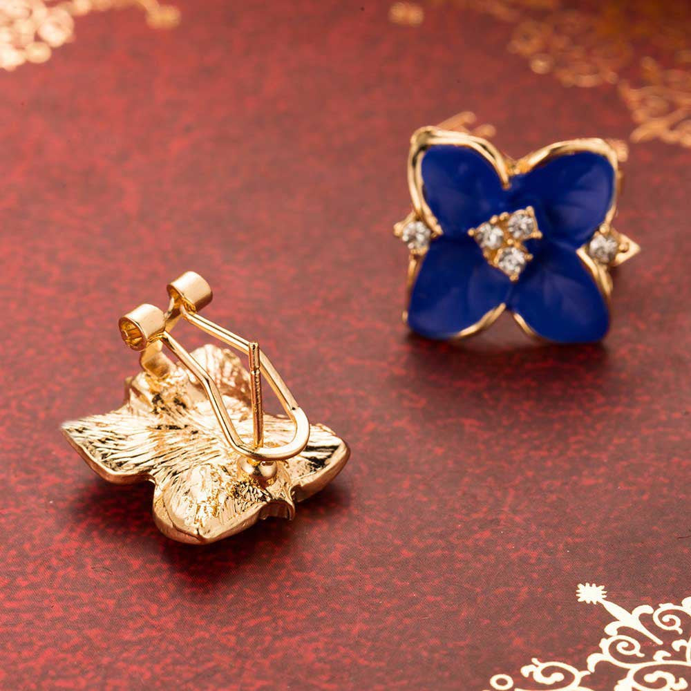 elegant noble blue flower ladies gold plated rhinestone earrings