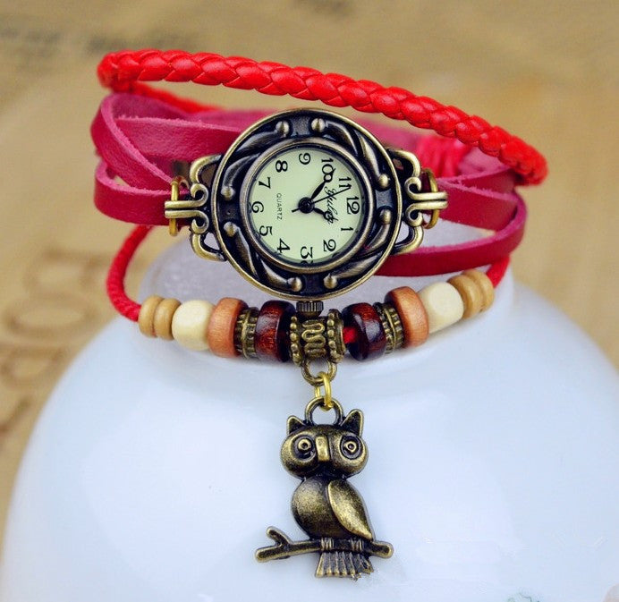 Hot Sales Owl Genuine Cow Leather Bracelet Watch