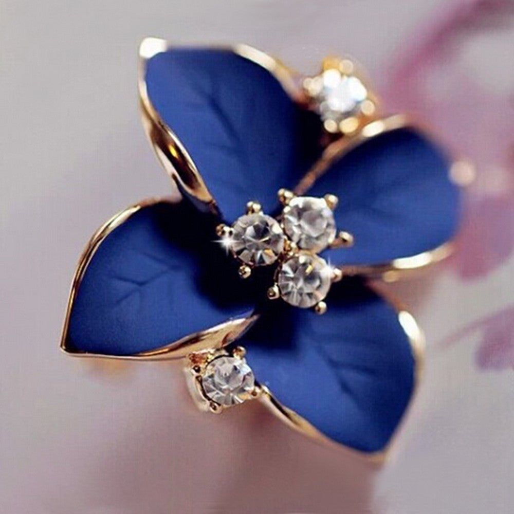 elegant noble blue flower ladies gold plated rhinestone earrings