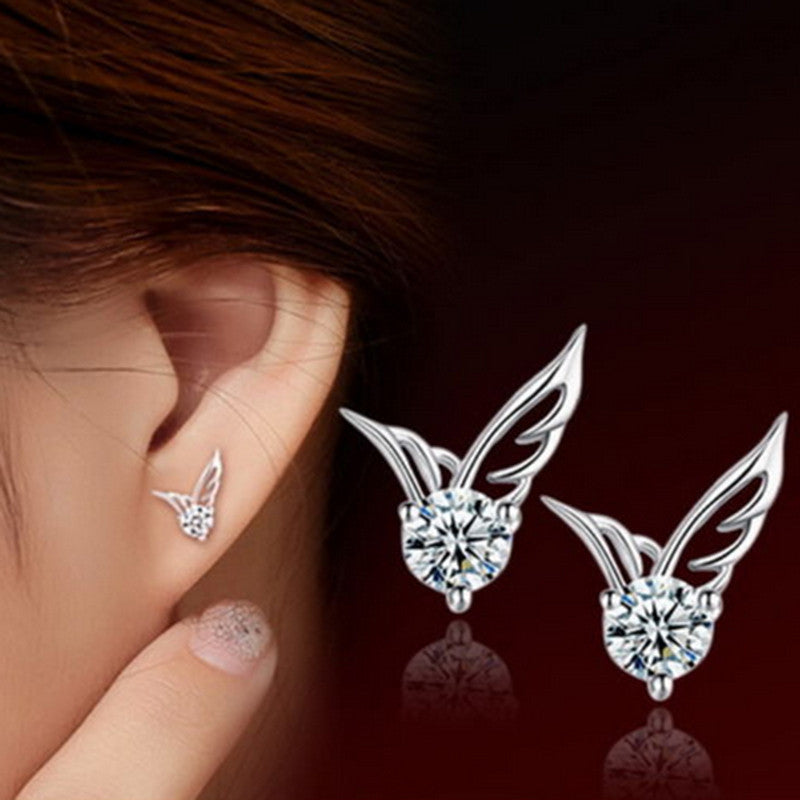 Fashion Silver Jewelry Angel Wings Crystal Ear Stud Earrings